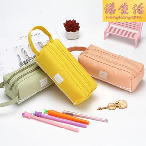 新款简约纯色条纹双层文具笔盒学生创意大容量手提笔袋
