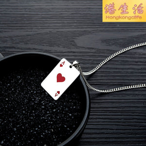 歐美時尚鈦鋼項鍊 創意撲克牌紅桃黑桃A愛心吊墜 潮流男女飾品