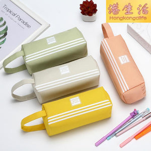 新款简约纯色条纹双层文具笔盒学生创意大容量手提笔袋